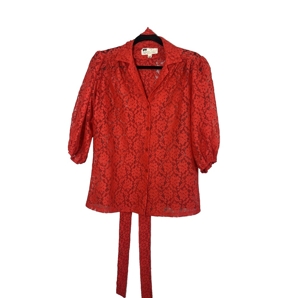Retro Floral Lace Sheer Top Red M Festive Holiday Classic Preppy Romantic 80s